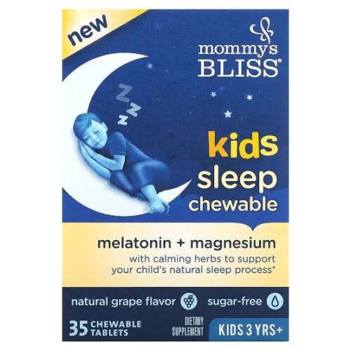 Mommy's Bliss Kids Sleep Chewable | For Kids Age 3 & Above |  35 Servings | Contains Melatonin, Magnesium & Calming Herbs | Sugar Free | Grape Flavor ~ 35 Chewable Tablets; Exp 09/2025