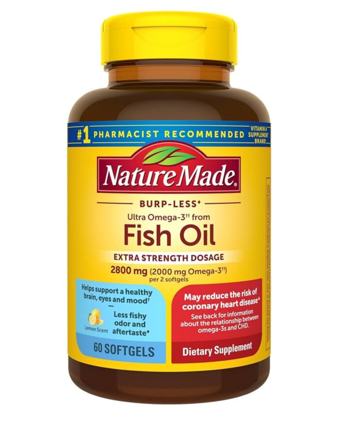 Nature Made Extra Strength Burp-less Omega 3 Fish Oil 2800mg | 30 Day Supply | Fish Oil as Ethyl Esters | DHA 504mg, EPA 1366mg | For Healthy Heart, Brain, Eyes and Mood Support | 60 Softgels; Exp 12/2025