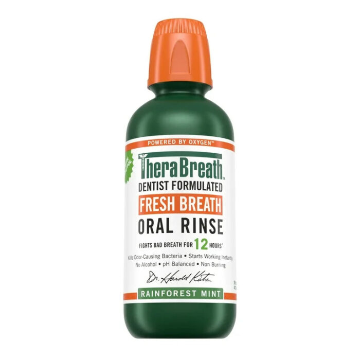 TheraBreath Fresh Breath Mouth Rinse | Alcohol-Free Mouthwash for Adults | Rainforest Mint 16oz/473ml; Exp 12/2027