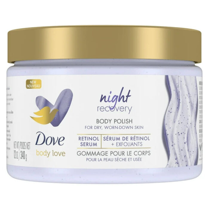 Dove Body Love Night Recovery Body Polish | Body Scrub with Retinol Serum & Botanical Oils | 12oz/340g