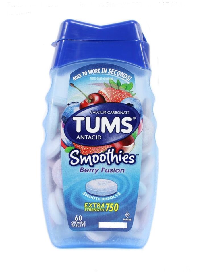 Tums Smoothies Extra Strength Heartburn Relief Antacid | Smooth Dissolve | Berry Fusion ~ 60 Chewable Tablets; 03/2027