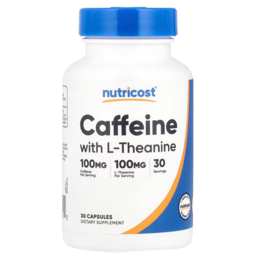 Nutricost Caffeine 100mg | With L-Theanine 100mg | Stimulant | Promotes Calm & Energized Alertness | 30 Capsules; Exp 08/2027