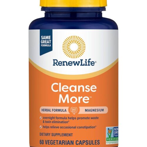 RenewLife Cleanse More | Herbal Formula with Magnesium for Overnight Occasional Constipation Relief | Helps Promote Waste and Toxin Elimination | 60 Capsules; Exp 01/2026