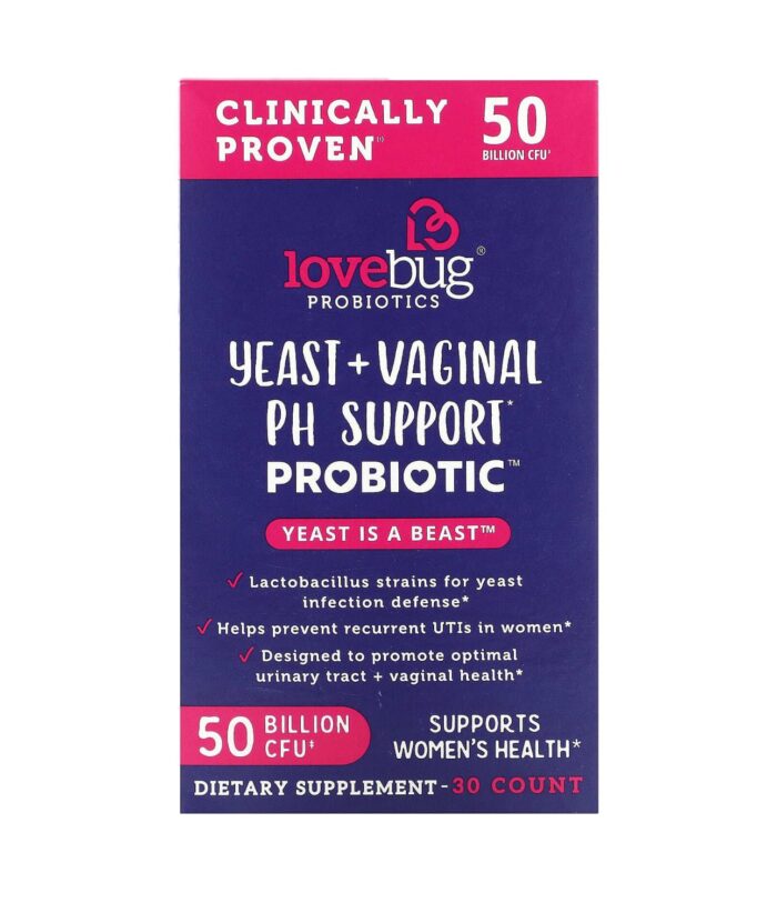 Lovebug Yeast + Vaginal pH Support | Promotes Optimal Urinary Tract and Vaginal Health | Multi Strain 50 Billion CFU | 30 Capsules Exp 01/2026