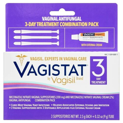 Vagistat by Vagisil 3-Day Vaginal Antifungal Yeast Infection Treatment Cream, Miconazole Nitrate Combination Pack | Similar to Monistat | 3 Suppositories with 3 Applicators plus External Vulva Cream; Exp 09/2025