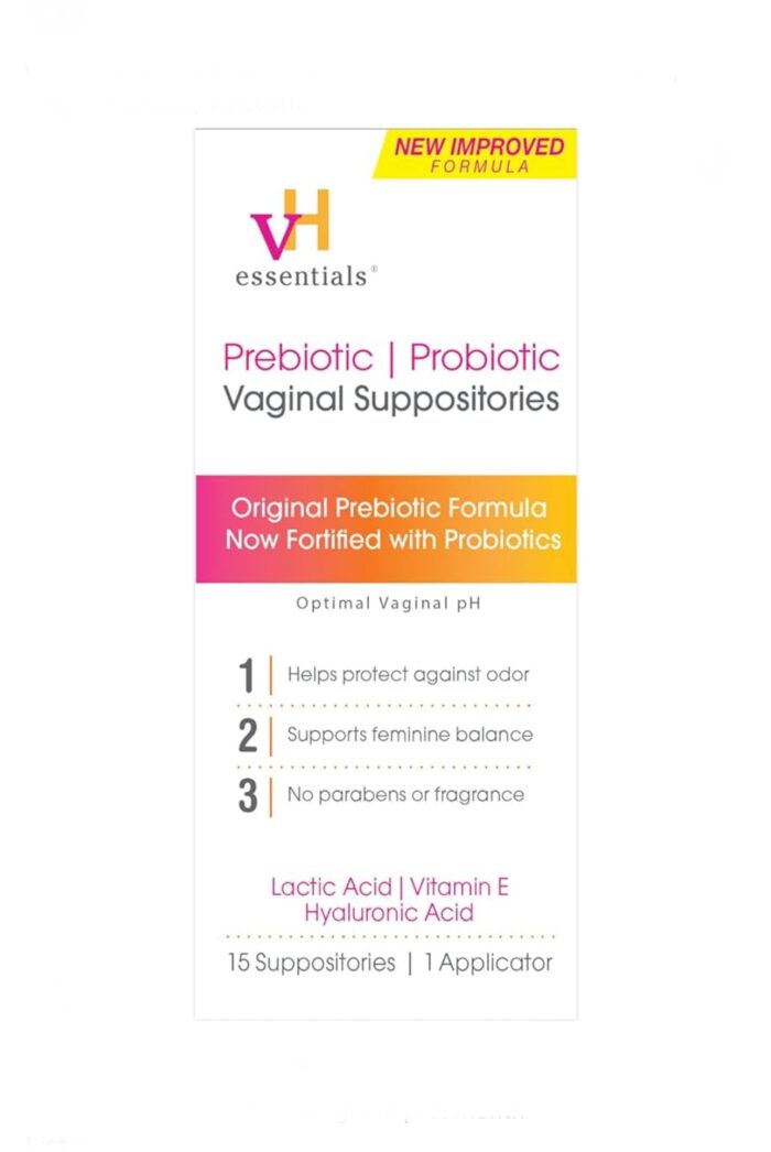 vH essentials Prebiotic + Probiotic Vaginal Suppositories | New Improved Formula with Vitamin E and Hyaluronic Acid | 15 Suppositories; Exp 10/2026